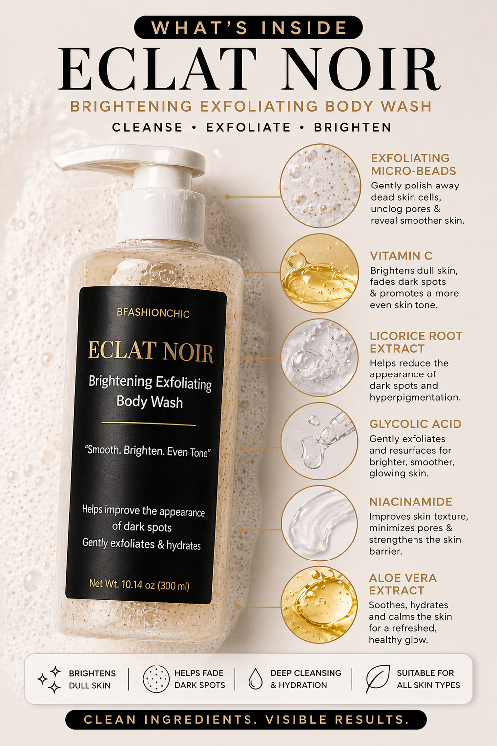 Éclat Noir Brightening Exfoliating Body Wash with Vitamin C Licorice Root Extract & Glycolic Acid for Smooth Brighten Even Tone