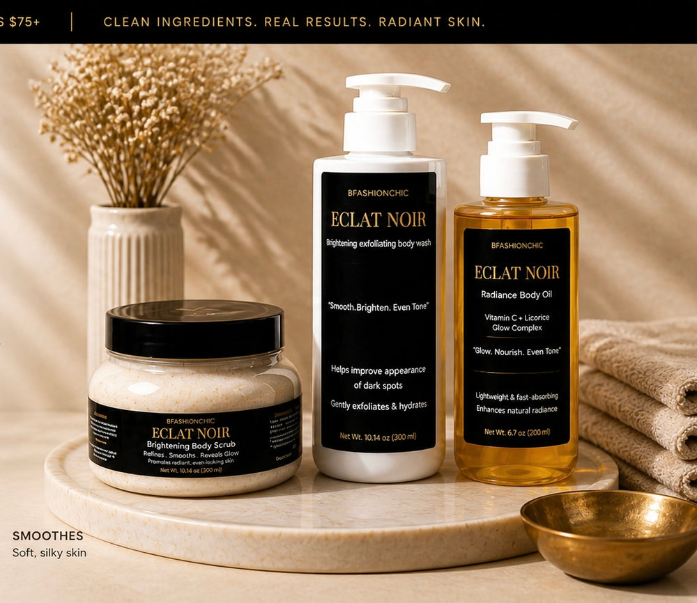 Éclat Noir Brightening Complex Glow Set - 3-Step System for Smoother Brighter Skin with Vitamin C & Licorice Complex for All Skin Types - Moisture Body Care Exfoliate - Exfoliant
